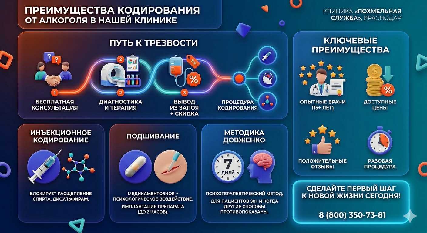 Инфографика о методах кодирования от алкоголя в Долгодеревенском: инъекции, подшивание, метод Довженко. Преимущества клиники и этапы лечения.