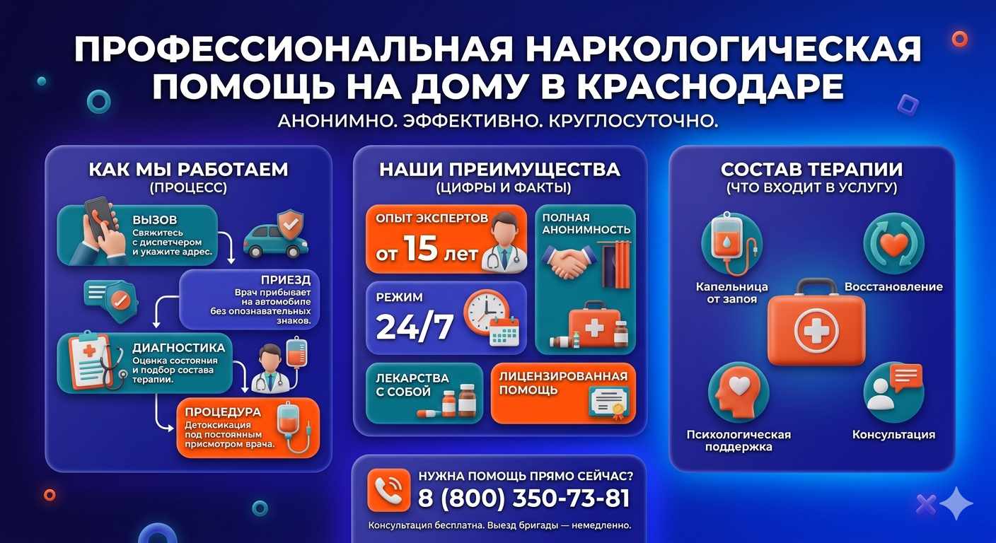 Инфографика о принципах лечения алкоголизма на дому в Долгодеревенском: этапы вызова нарколога, преимущества анонимной детоксикации и состав медицинской помощи.